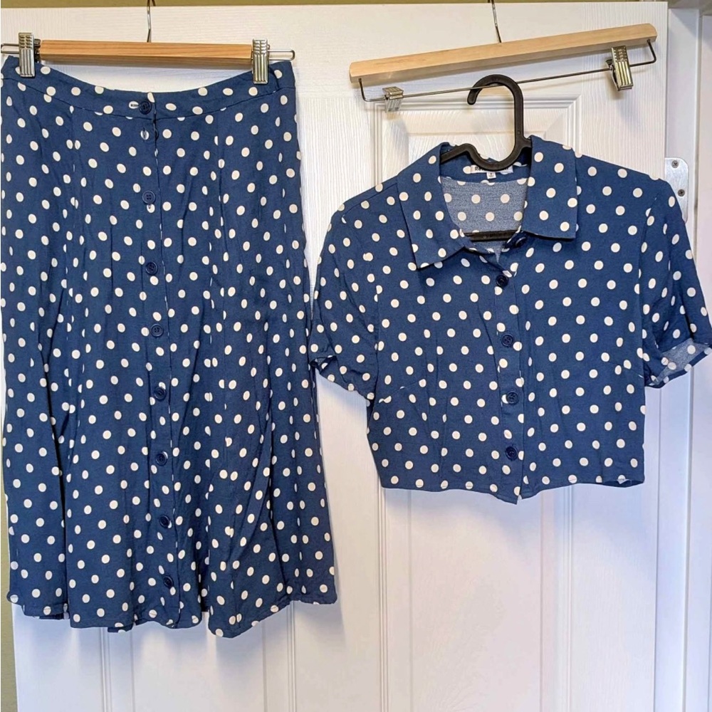 Reformation Navy Blue Polka Dot A-Line Skirt and Top